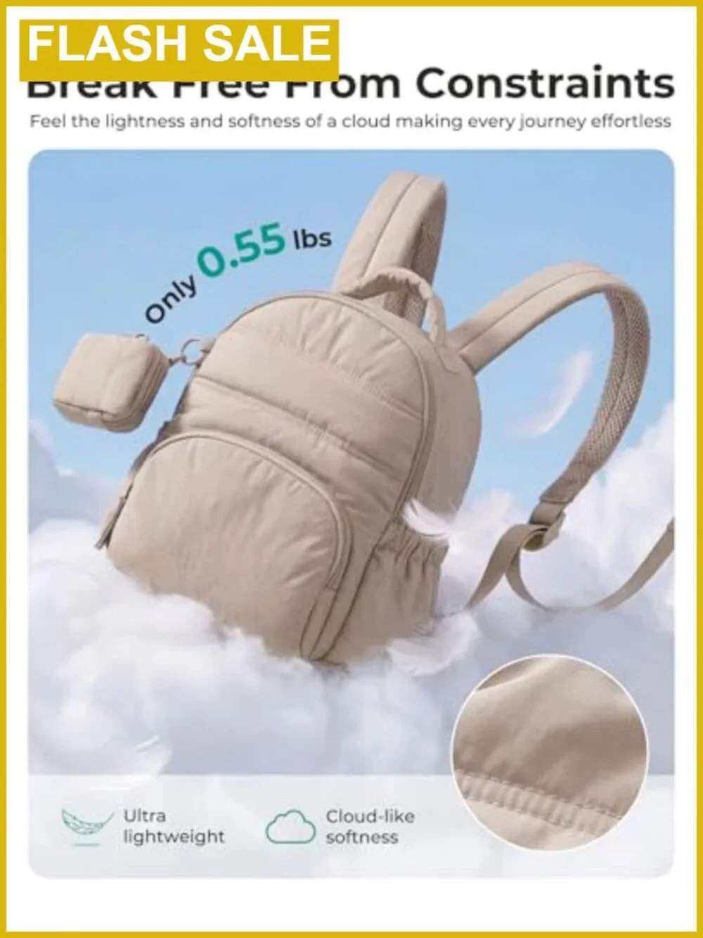 Mini Puffer Backpack with Detachable Pouch, Water Resistant, Padded Straps